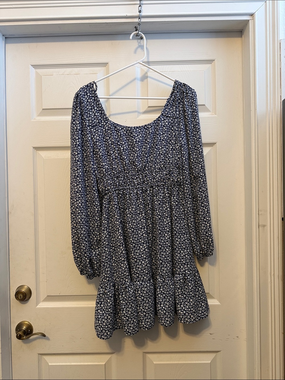 Altar'd State Navy and White Floral Smocked Waist Long-Sleeve Dress